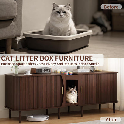 71" Double Cat Litter Box Enclosure Furniture for 2 Cats,Fluted Large Litter Box Hidden Furniture with Sliding Door and Scratching Pad,Indoor Pet House Modern Cabinet TV Stand for Living Room6