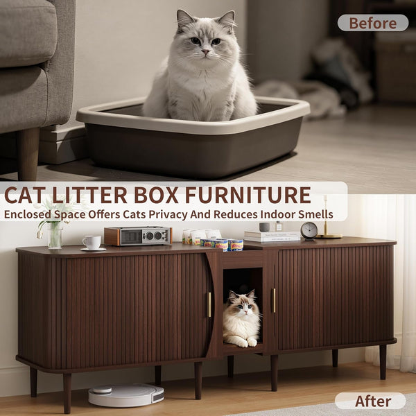 71" Double Cat Litter Box Enclosure Furniture for 2 Cats,Fluted Large Litter Box Hidden Furniture with Sliding Door and Scratching Pad,Indoor Pet House Modern Cabinet TV Stand for Living Room6