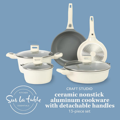 Sur La Table Kitchen Essentials 13 Piece Detachable Handle Pots and Pans Premium PFA Free Premium Ceramic Non Stick Induction Safe and Secure Removable Handle Cookware Set - Eggshell White2