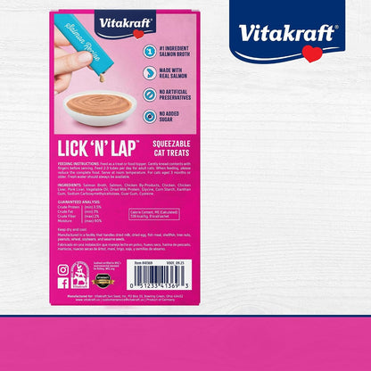 Vitakraft Lick 'N' Lap Real Salmon Squeezeable Liquid Cat Treats, Lickable, Salmon Broth #1 Ingredient, No Artificial Colors, Preservatives or Added Sugar, for Hydration, 0.52 Oz. Tubes, 16 Count7