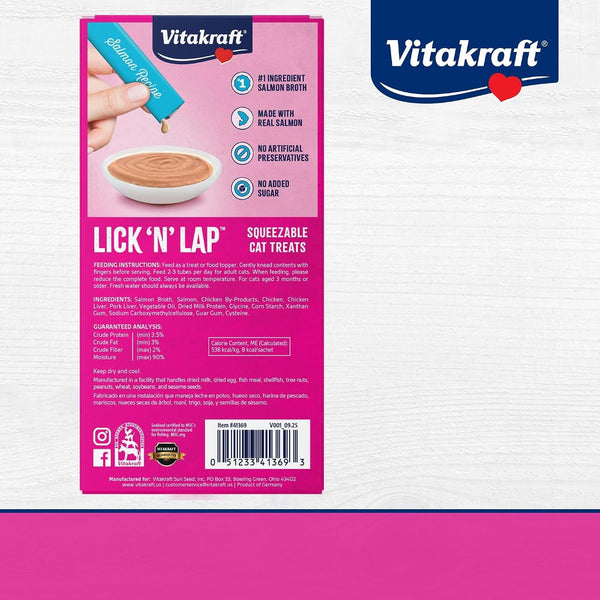 Vitakraft Lick 'N' Lap Real Salmon Squeezeable Liquid Cat Treats, Lickable, Salmon Broth #1 Ingredient, No Artificial Colors, Preservatives or Added Sugar, for Hydration, 0.52 Oz. Tubes, 16 Count7