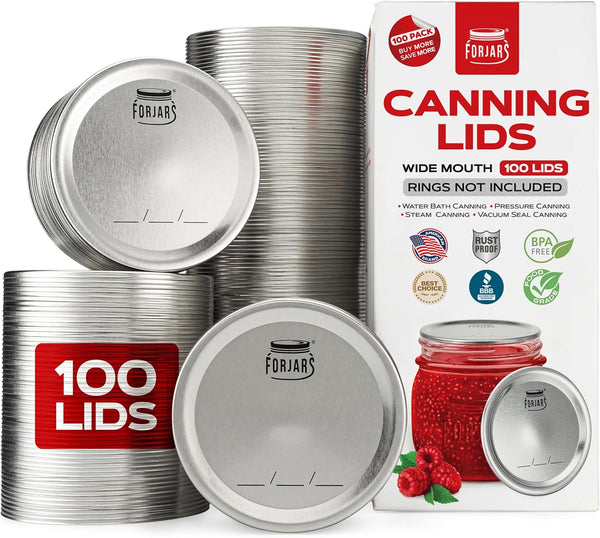 - Wide Mouth Canning Lids, 100-Pack – Create Airtight Seals on Mason Jars to Preserve Food for Meal Prep & Emergency Food Storage – 3.4 In. Metal Lids with Silicone Seals – Canning Supplies1
