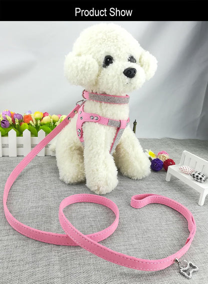 Dog Collar & Harness & Lead Sets Fashion Dog Collar Diamante with Harness & Leashes Comfortable Soft Collar Harness and Leashes Set for Dog - Pink - XS3