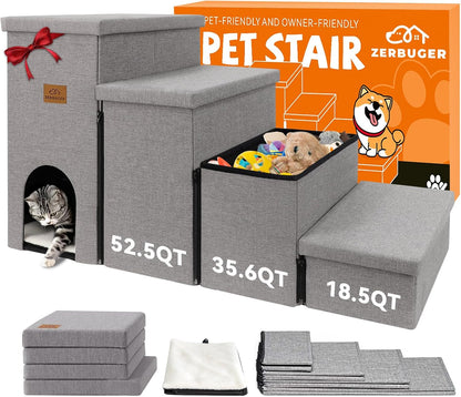Zerbuger Wider Dog Ramp for High Bed with Storage 18" H, Foldable Dog Stairs for Small Medium Large Older Senior Animal, Sturdy Dog Step for Climbing Bed or Couch, Arthritis-Friendly (Gray, No Condo)14