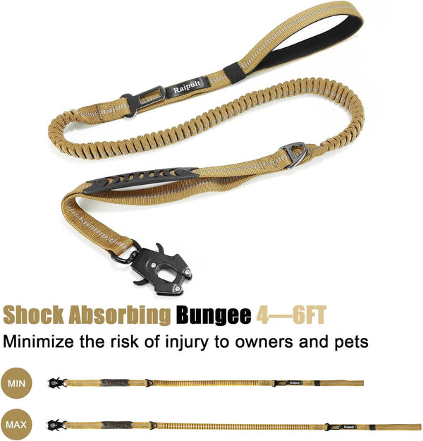 Raipult Tactical Dog Leash Heavy Duty, 4-6FT Shock Absorbing Bungee Leash with Quick Release Clip& 2 Handles, No Pull Waking Lead with Car Seatbelt for Medium Large Dogs That Pull,Khaki3