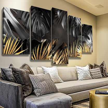 Black and Gold Leaves Painting Wall Decor for Living Room Nature Canvas Art Modern Artwork Framed Prints for Home Bedroom Picture Poster 5 Pieces Ready to Hang (12"X20"X2Pcs+12"X28"X2Pcs+12"X32")1