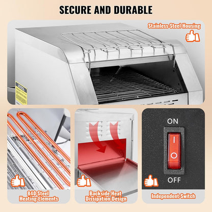 Commercial Conveyor Toaster, 300 Slices/Hour Conveyor Belt Toaster, Heavy Duty Stainless Steel Commercial Toaster Oven for Toast Bun, Bagel, Bread5