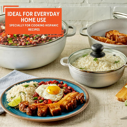 1.5, 2.5 & 5.2 Qt Cast Aluminum Caldero 3 Piece Set with Glass Lid | Polished Finish, Glass Lid with Riveted Handles, Ideal for Rice and Stews, Perfect for Serving Medium and Small Groups7