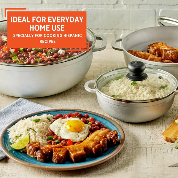 1.5, 2.5 & 5.2 Qt Cast Aluminum Caldero 3 Piece Set with Glass Lid | Polished Finish, Glass Lid with Riveted Handles, Ideal for Rice and Stews, Perfect for Serving Medium and Small Groups7
