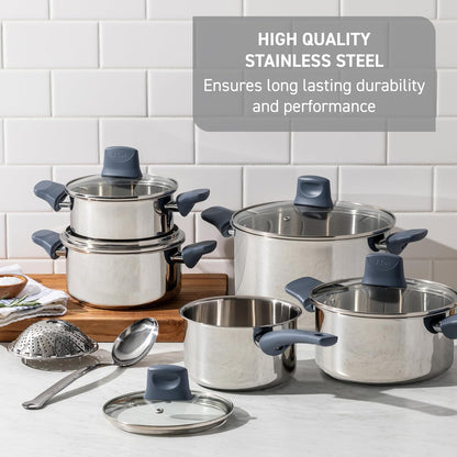 Essentials Stainless Steel Cookware Set 12 Piece, Induction Compatible, Oven Safe 350F, Cooking Set W/Stewpots, Stockpot, Saucepan, Lids & Tools, Measuring Marks, Dishwasher Safe, Silver/Blue3