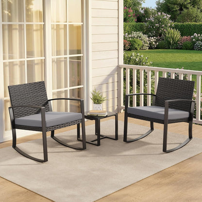 3 Pieces Patio Furniture Set Rocking Bistro Set Outdoor Rattan Conversation with Coffee Table for Garden Balcony Backyard Poolside (Grey Cushion)8