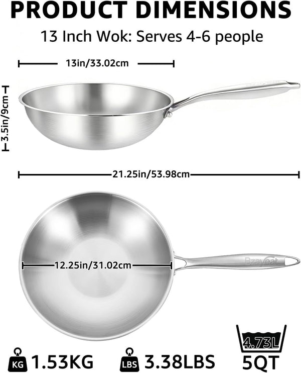 13 Inch Tri-Ply Stainless Steel Wok Pan, Uncoated Wok for Stir Fry | PFOA/PFOS Free, Heavy-Gauge Flat Bottomed Cookware, Suitable for Induction & Electric Stoves, Detachable Handle5