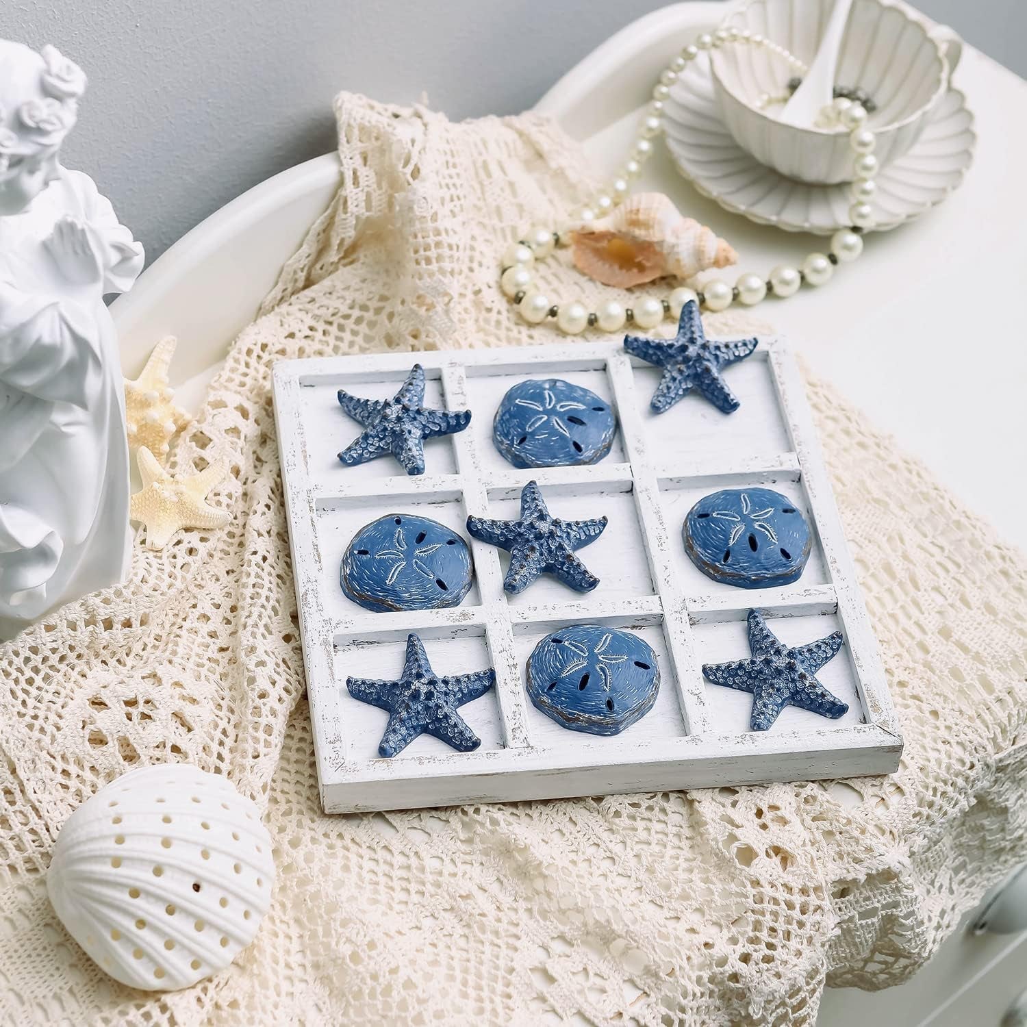 beach-decor-tic-tac-toe-5-sand-dollars-5-starfish-pieces-wood-board-travel-game-for-coastal-house-coffee-table-decor-blue