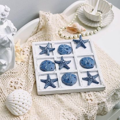 Beach Decor Tic Tac Toe 5 Sand Dollars & 5 Starfish Pieces Wood Board Travel Game for Coastal House Coffee Table Decor, Blue2