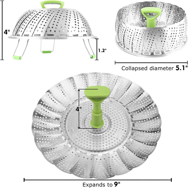 Vegetable Steamer Basket for Cooking Food, Stainless Steel Veggie Steam Basket for Pot, Folding Expandable Steaming Insert with Extendable Handle Fits Various Size Pot, 5.1" to 9"2