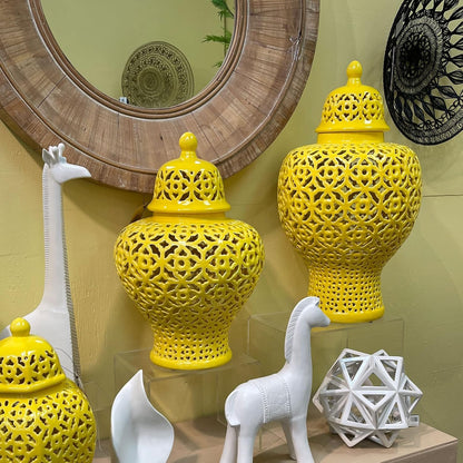 19.5” Lattice Ginger Jar with Lid - Stunning Home Decor with Intricate Mediterranean Inspired Lattice Work - Living Room and Kitchen Decoration - 19.5” (Yellow)2