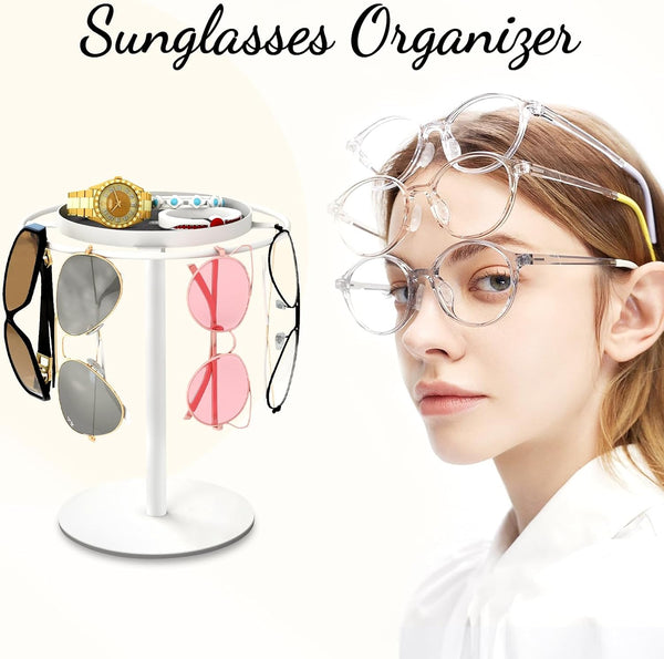 Metal Sunglass Organizer, Glasses Holder Stand with Storage Tray, White | Sunglass Holder with Non-Slip Pad for Nightstand, Tabletop, Desk, Dresser, Hanging up to 9 Pairs Sunlasses/Reading Glasses6