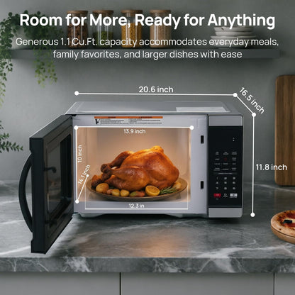 Countertop Microwave Oven 1000 Watts, Digital Ovens 1.1 Cu. Ft with 10 Power Levels, 6 One-Touch Presets, Express Cooking, Eco Mode, Child Lock, Easy Clean, Large Capacity, Stainless Steel Black2