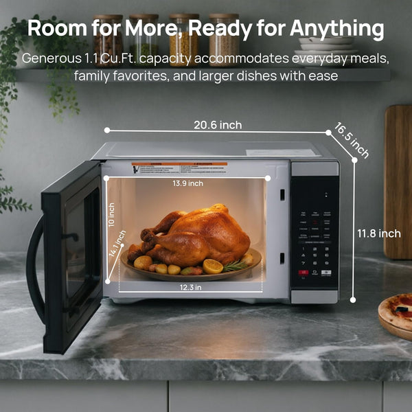 Countertop Microwave Oven 1000 Watts, Digital Ovens 1.1 Cu. Ft with 10 Power Levels, 6 One-Touch Presets, Express Cooking, Eco Mode, Child Lock, Easy Clean, Large Capacity, Stainless Steel Black2