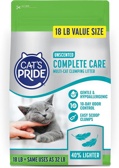 Cat'S Pride Premium Lightweight Clumping Litter: Complete Care - up to 10 Days of Powerful Odor Control - Hypoallergenic - Multi-Cat, Unscented, 18 Pounds1
