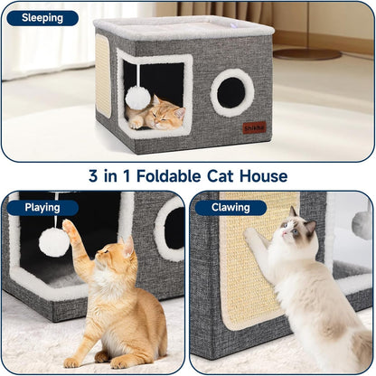 Shikha Cat House Bed for Indoor Cats with Fluffy Ball and Scratch Pad Grey | Foldable Large Cat Cave Hideaway with Cozy Condo, Hide and Seek Window, Holds up to 30LBS, All Season Reversible Cushion5