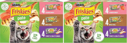 Purina Friskies Wet Cat Food Pate Variety Pack Salmon Dinner, Turkey and Giblets Dinner and Mixed Grill - (2 Packs of 12) 5.5 Oz. Cans14