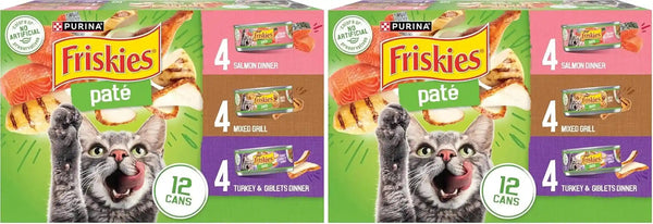 Purina Friskies Wet Cat Food Pate Variety Pack Salmon Dinner, Turkey and Giblets Dinner and Mixed Grill - (2 Packs of 12) 5.5 Oz. Cans14