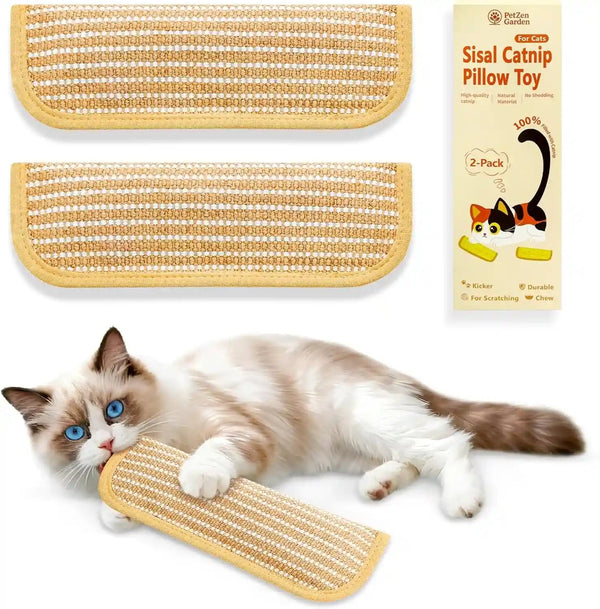 Sisal Catnip Pillow Toy Kickers, 2 Pack Interactive Catnip Toys with Organic 8000Mg Herbal Blend for Indoor Scratching, Chewing & Teething, Fun for Kittens and Adult Cats1