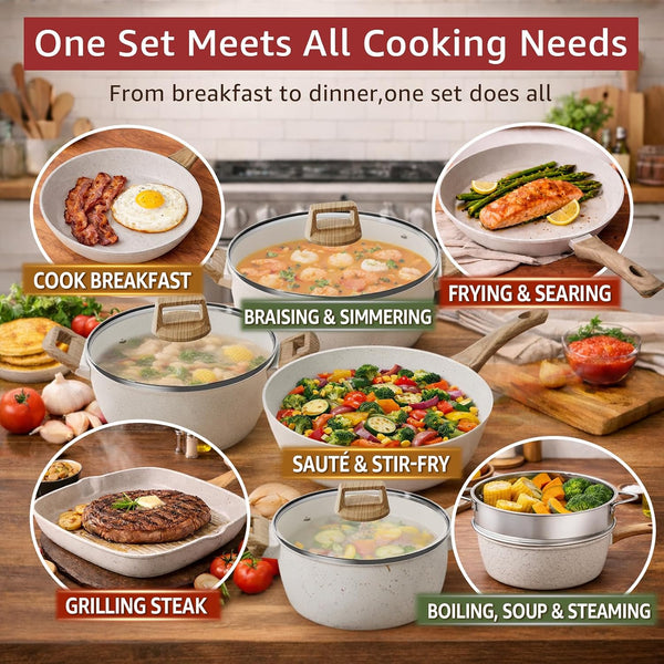24Pcs Pots and Pans Set Non Stick,Ceramic Cookware Set with Titanium-Reinforced Nonstick Coating,Long-Lasting,Pfas-Free,Induction Compatible,Full Kitchen Set with 3 Stock Pots for Family Cooking4