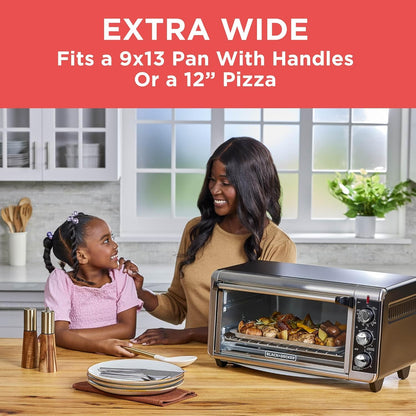 BLACK+DECKER TO3250XSBD 8-Slice Extra Wide Convection Countertop Toaster Oven, Includes Bake Pan, Broil Rack & Toasting Rack, Stainless Steel/Black3