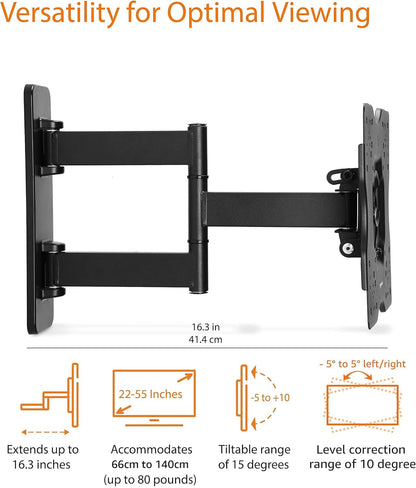 Full Motion Articulating TV Wall Mount, with Swivel and Tilt, for 26" to 55" Tvs and Flat Panels up to 80 Lbs, VESA Compatible, Single Stud, Black3