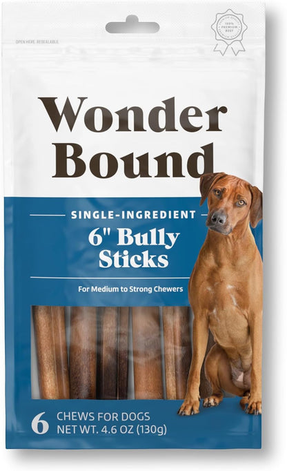 Amazon Brand - Wonder Bound Bully Sticks, All-Natural, Highly Digestible, Long Lasting Dog Beef Treats, 6 Inch, (6 Count)1