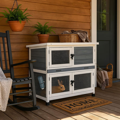 2 Story Solid Wood Rabbit/Bunny Hutch with 2 Large Main Rooms, Indoor Outdoor Rabbit House Guinea Pig Cage Pet House for Small Animals with Ventilation Door Removable Tray Waterproof Roof (Grey)8
