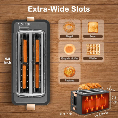 4 Slice Toaster, Long Slot Toaster with Warming Rack, Timer, Bagel, Defrost, Reheat Functions, Crumb Tray, 6 Browning Settings, Extra Wide Long Slots, Stainless Steel, 1300W, Grey3