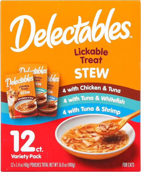 Delectables Lickable Treat Stew Wet Cat Treat Variety Pack, Food Topper, Hydrating, Grain-Free, No Fillers, No By-Products, No Added Preservatives, 1.4Oz Pouch, 12Ct1