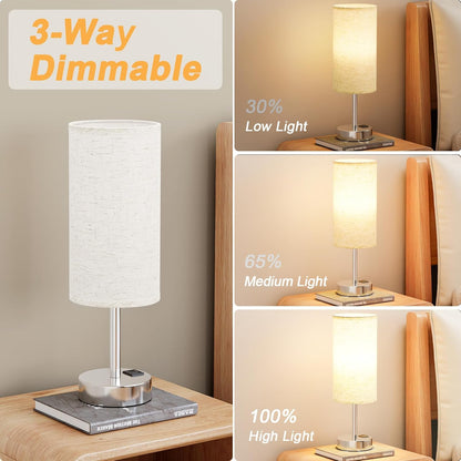Bedside Table Lamp for Bedroom - Touch Desk Lamp with USB A+C Port | USB A+C Ports, 3-Way Dimmable, LED Bulb Included, White Fabric Shade, Silver Metal Base, 14" Small Night Stand Lamp for Dorm6