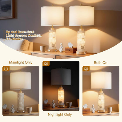27" Alabaster and Wood Table Lamps Set of 2 with Night Light | Nightstand Lamps with USB Ports, White Linen Fabric Shade, Bedside Lamp for Living Room Bedroom Home Office Hotel Bar House3