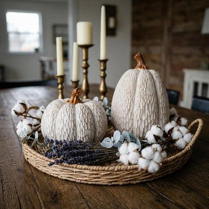 Fall Pumpkin Decor, Set of 2 Resin Pumpkins, Thanksgiving Decor | Elegant Textured White Pumpkins, Fall Decor Accent for Thanksgiving Table Centerpiece, Mantel, Shelf and Autumn Home Decor.8