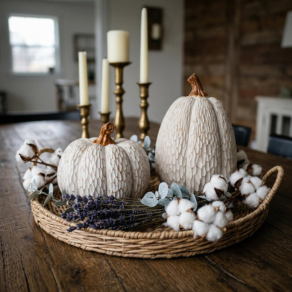 Fall Pumpkin Decor, Set of 2 Resin Pumpkins, Thanksgiving Decor | Elegant Textured White Pumpkins, Fall Decor Accent for Thanksgiving Table Centerpiece, Mantel, Shelf and Autumn Home Decor.8