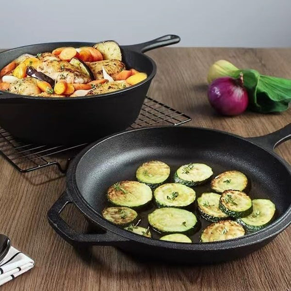 Cast Iron Double Dutch Oven Pot with Skillet Lid, Cast Iron Skillet 10 Inch & Dutch Oven 3 Quart for Grilling, Searing, Baking (3 Quarts)2