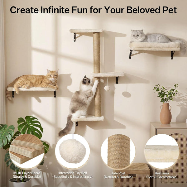 MEWANG 5-In-1 Cat Wall Shelves: Cat Climbing Furniture with Wall Mounted Perch & Lounge for Indoor Cats, Space-Saving Wall Pet Shelves for Play & Rest - Beige4