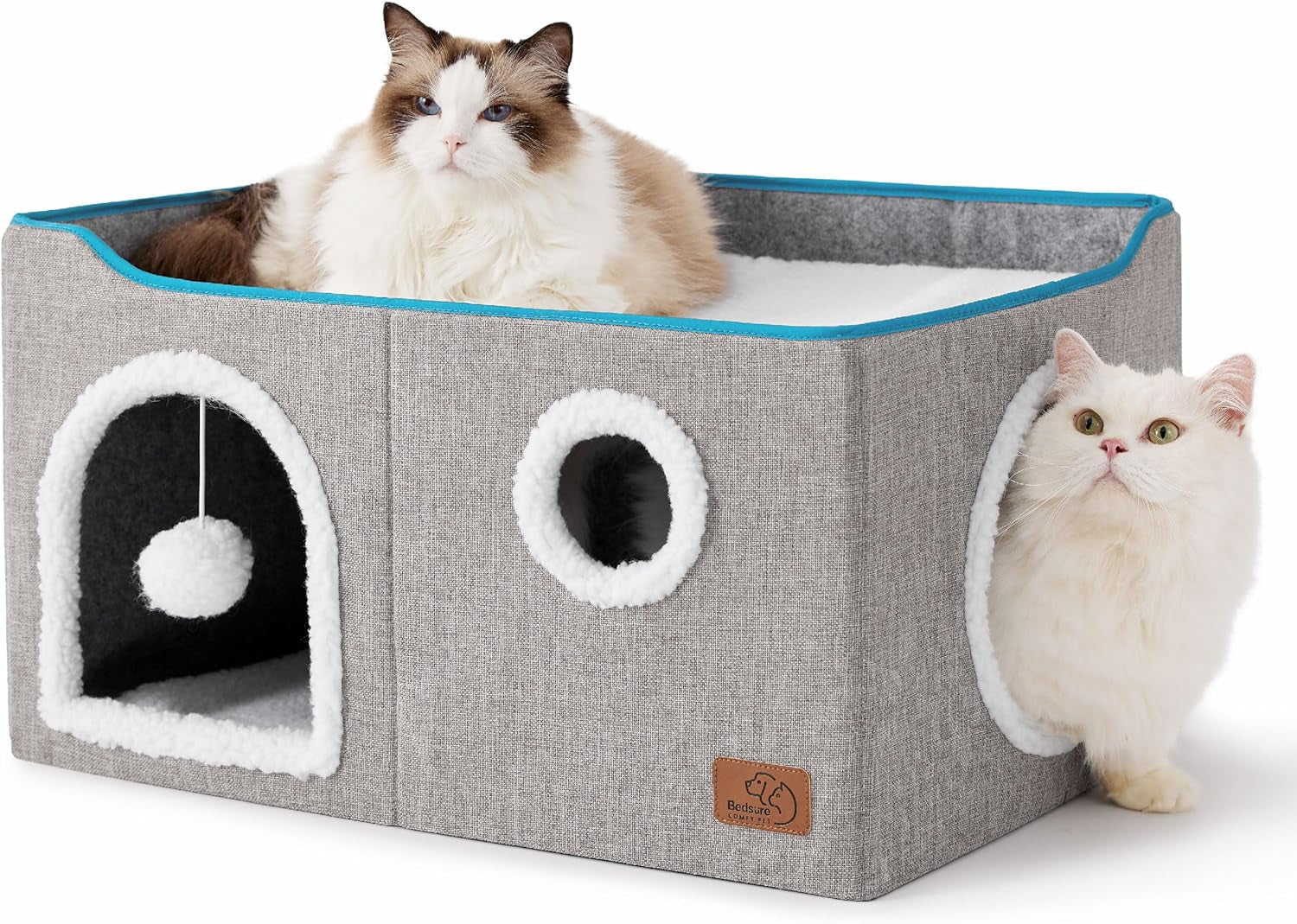 bedsure-cat-house-bed-for-indoor-cats-with-fluffy-ball-and-scratch-pad-grey-16-5x16-5x13-in-large-cat-cave-for-multiple-pets-foldable-cat-hideway-cube-for-sleeping-kitten