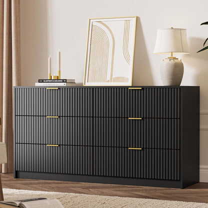 Black 6 Drawer Dresser for Bedroom, 55" Wide Modern Chest of Drawers with Gold Metal Handles, Fluted Wood TV Stand for Living Room, Hallway7