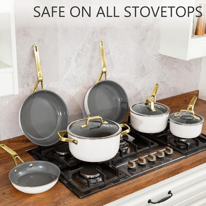 White 10 Piece Ceramic Cookware Set | Pots Pans for Family Meals | Include Saucepan, Saute Pan, Stockpot, Frying Pans, Oven Safe to 480°F, Dishwasher Safe, Non-Toxic PFAS Free, Induction Bases5