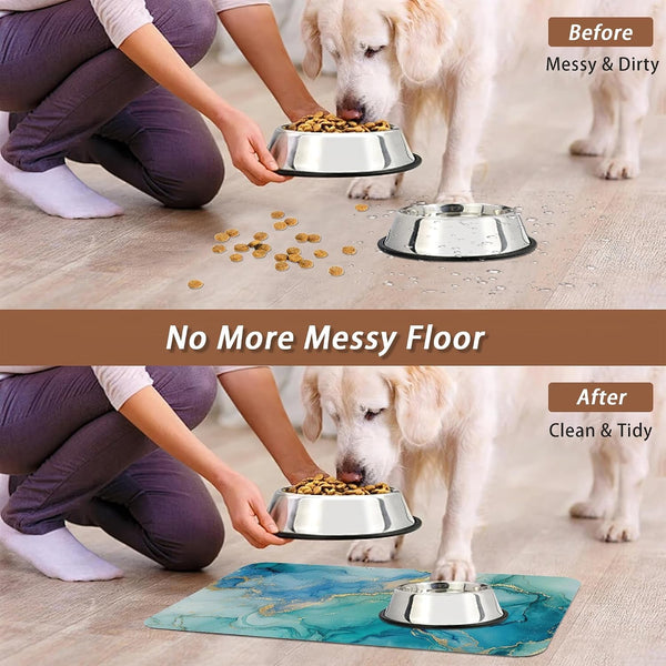 Marble Dog Cat Food Mat,Blue Teal Turquoise Gold Absorbent Pet Feeding Mat with Rubber Backing,Non-Slip Water Bowl Placemat,Indoor Pet Accessories Supplies 12"X20"5