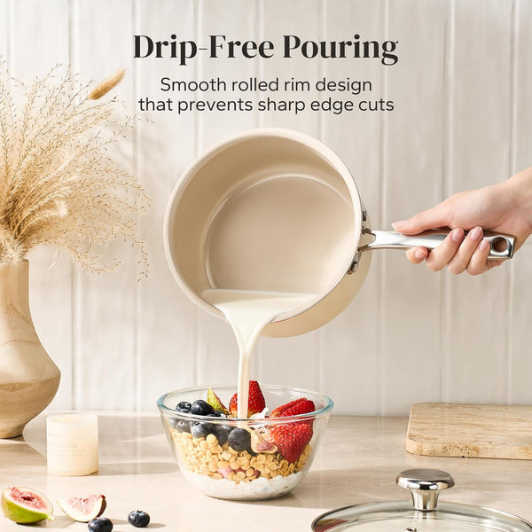 Nonstick Mini Cookware Set, 8"Ceramic Fry Pan 2.5Qt Sauce Pan with Lid, Fryingpan & Pots Set, Induction Compatible, Nontoxic, Oven Dishwasher Safe, PTFE & PFOA Free, Beige3