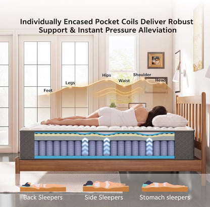 Full Mattress, 12 Inch Cooling-Gel Memory Foam and Pocket Spring Hybrid Mattress, Full Size Mattress in a Box, Certipur-Us Certified, Medium Firm, Double Mattress | Pocket Springs, Motion Isolation, Pressure Relief, Certipur-Us Certified, in a Box, Medium Firm4