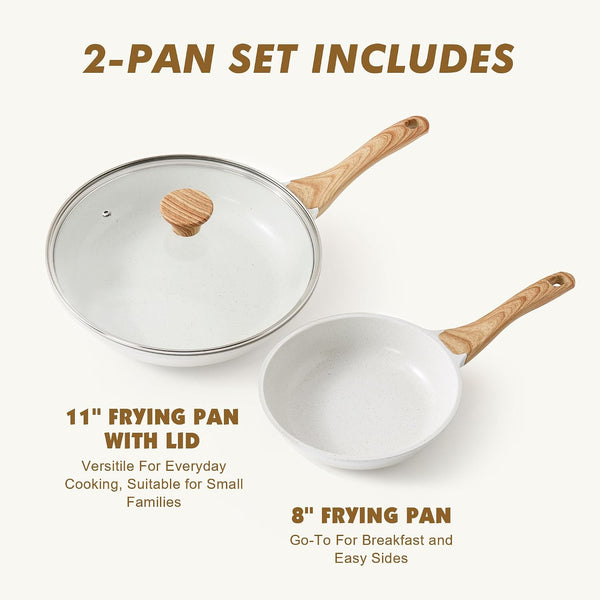 Ceramic Nonstick Frying Pan Skillets, White (8+11Inch with Lid) | Healthy Ceramic Nontoxic Coating, PTFE & PFAS Free. Compatible with All Stoves Including Induction Cooktops. Easy to Clean.3