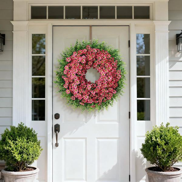 26" Artificial Eucalyptus with Flowers Wreath for Front Door (Rose Red) | Large Faux Eucalyptus & Morning Glory Flowers Wreath,Silk Flowers,For Home Front Porch Farmhouse Spring Summer Outdoor Decor8