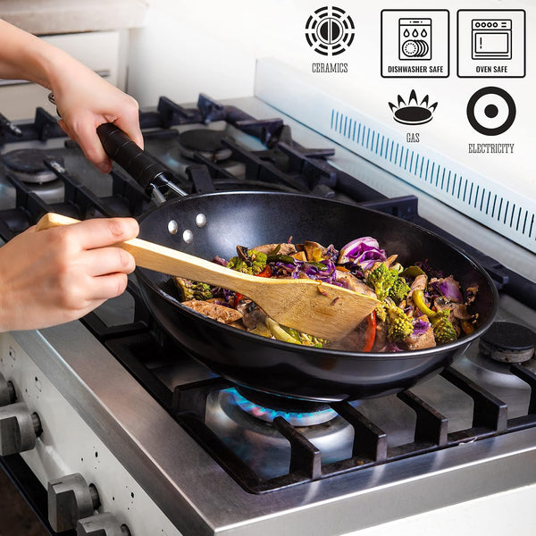 5 Pcs Carbon Wok Set, Carbon Steel Wok Pan 12 Inch Woks and Stir Fry Pans, Chinese Wok for Electric, Induction & Gas Stove with Glass Lid, Wok Spatula, Chopping Board & Paring Knife6